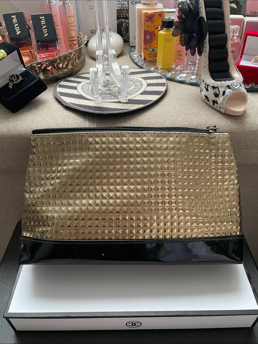 ✨Gold Stud-Textured Cosmetic Pouch with Black Patent Trim✨Preloved